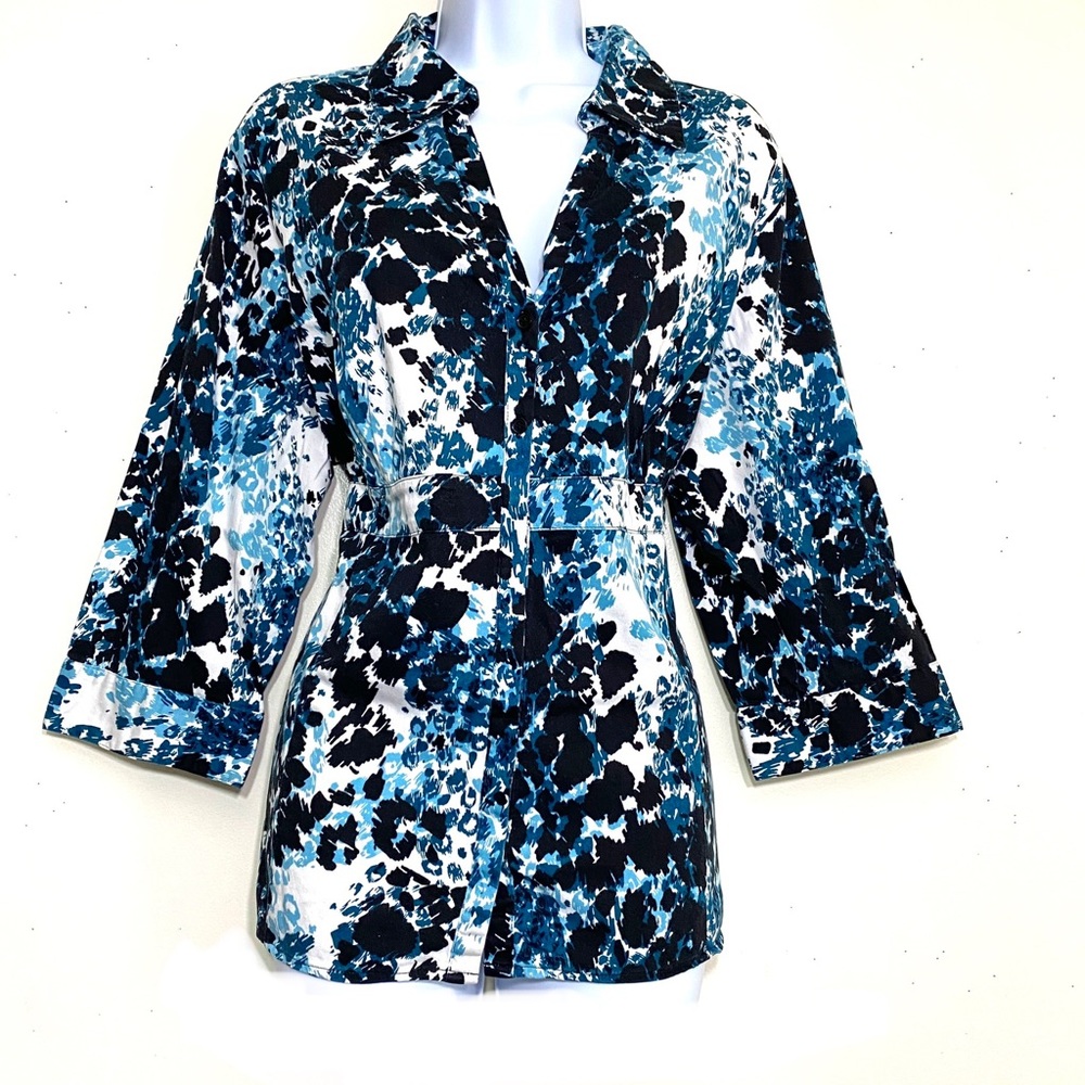 Apt.9 button down shirt BLUE & BLACK collared empire waist 3/4 sleeve si…